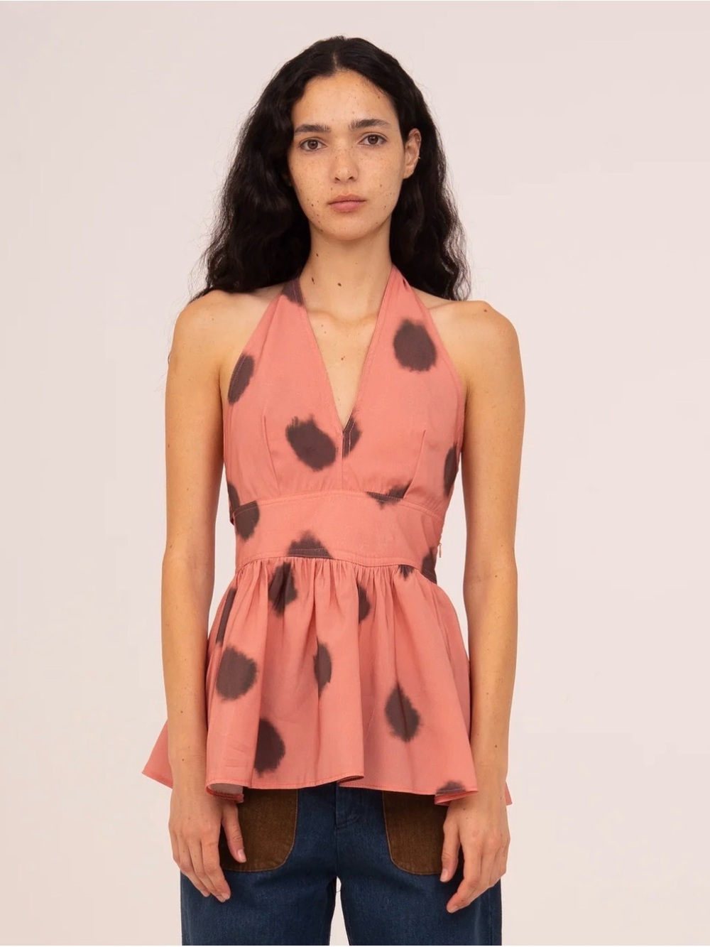 Carmen Says BLISS PINK POLKA DOT HALTER TOP Peplum blouse NWT